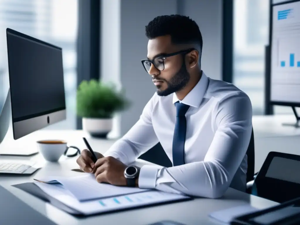 Persona en oficina moderna y luminosa, leyendo documentos financieros Persona trabajando en oficina moderna, leyendo informes financieros en monitor