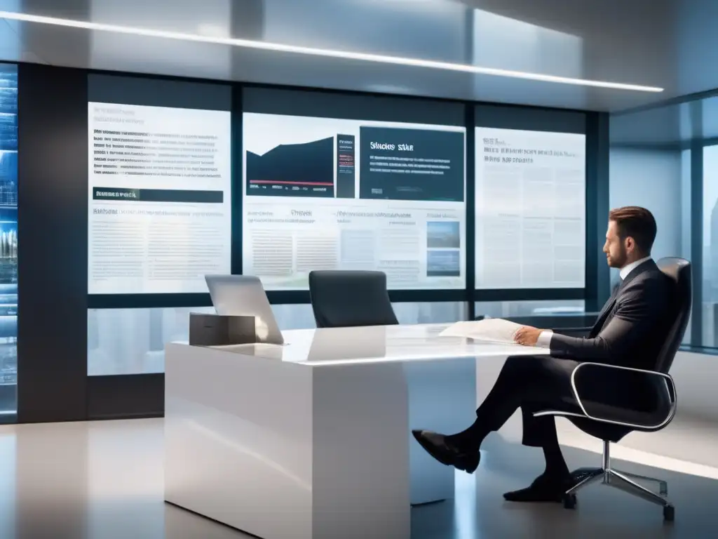 Profesionalidad y modernidad en la oficina Persona en oficina moderna leyendo noticias financieras en pantalla holográfica: Psicología inversión tiempos Fake News