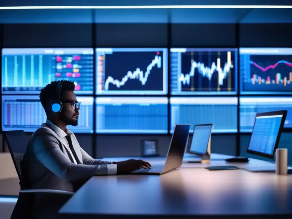 Persona analizando gráficos de bolsa en oficina moderna Persona analizando patrones engañosos en inversiones en moderna oficina