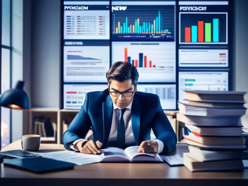 Persona concentrada en decisiones financieras Persona pensativa en escritorio rodeada de libros y gráficos financieros, pantalla muestra noticias sobre psicología inversión y fake news