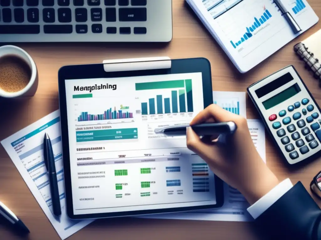 Persona examinando presupuesto financiero Persona analizando plan financiero para metas con dispositivo digital y herramientas de finanzas