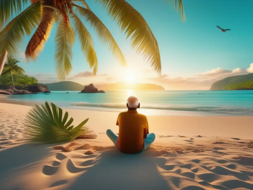 Retiro dorado y finanzas inteligentes Persona en playa disfrutando jubilación con palmeras, mar turquesa y mesa con laptop y documentos (110 caracteres)