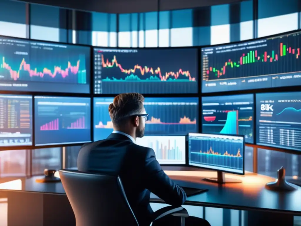 Persona analizando datos en una oficina moderna Persona profesional analizando gráficos en monitores, reflejando la relación entre psicología e inversiones