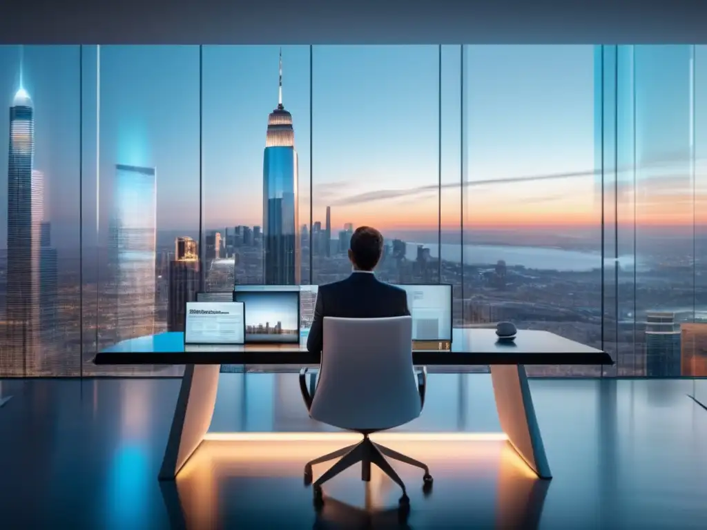 Persona analizando noticias en oficina moderna Persona profesional analizando noticias en una oficina minimalista con vista panorámica de la ciudad