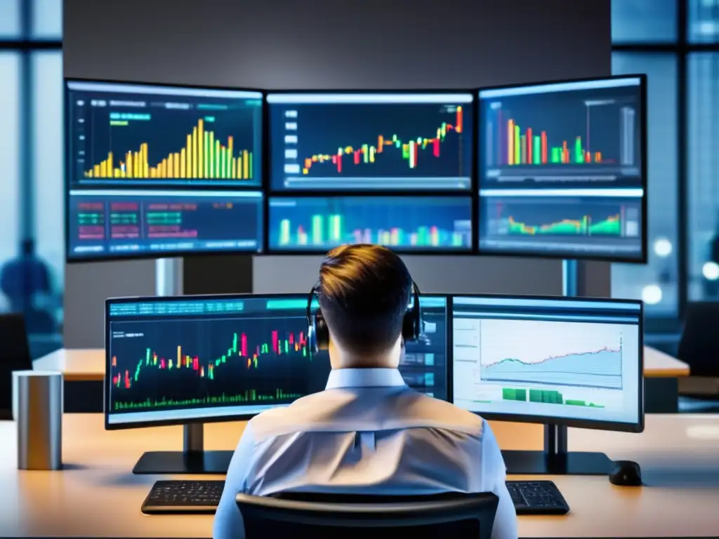 Profesional en oficina con sincronización de dispositivos Persona profesional en oficina con múltiples monitores y dispositivo móvil sincronizado con la plataforma de bróker