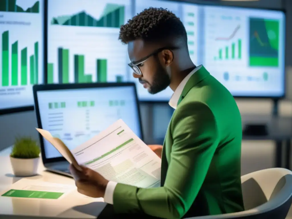 Experto analizando prospectos de bonos verdes Persona leyendo prospecto bonos verdes, análisis financiero (110 caracteres)