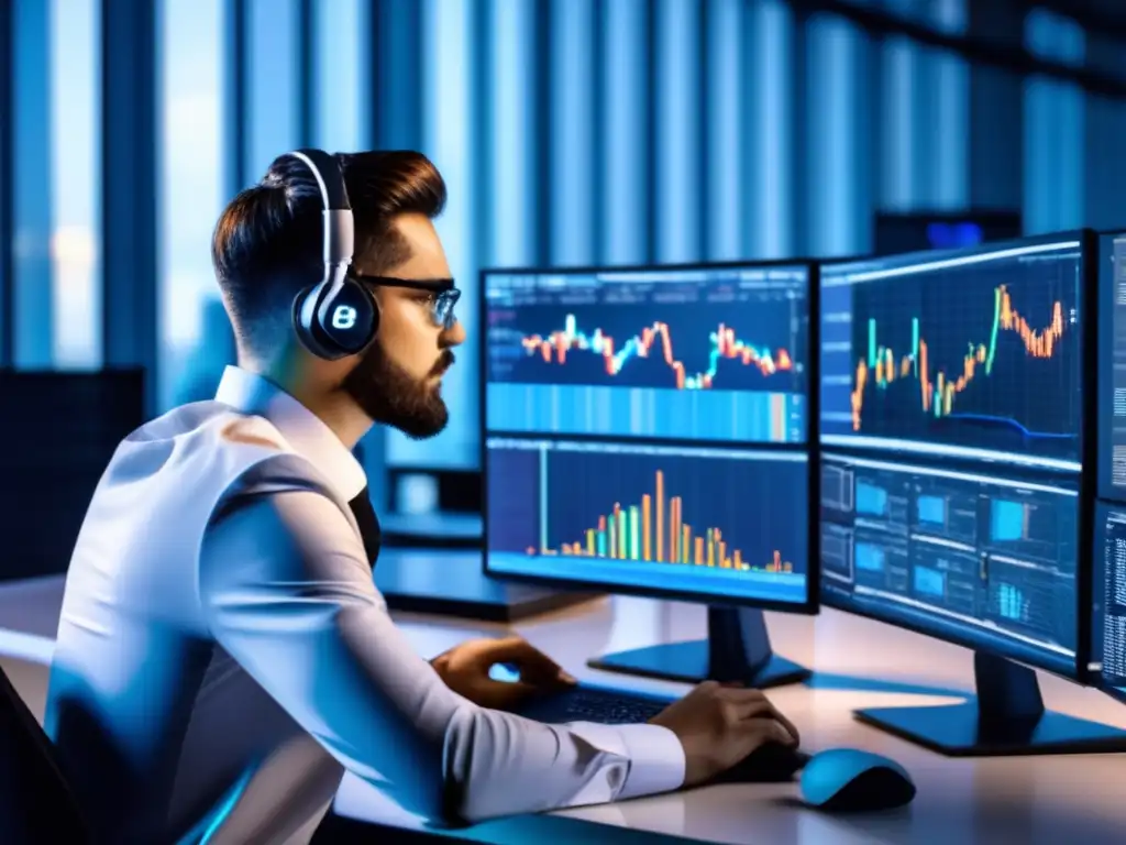 Analista de criptomonedas en su escritorio Persona analizando la rentabilidad de la minería de criptomonedas en un entorno de trabajo moderno y profesional