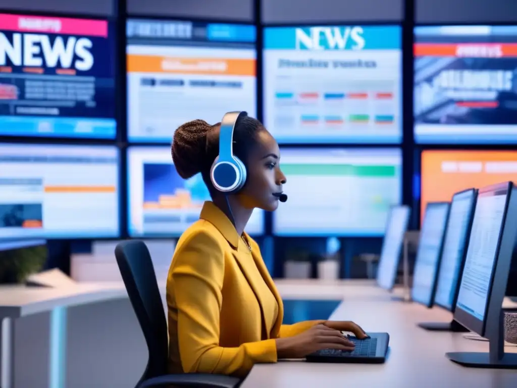 Persona analizando noticias financieras Persona filtrando ruido de noticias para inversión en oficina moderna con múltiples pantallas de noticias