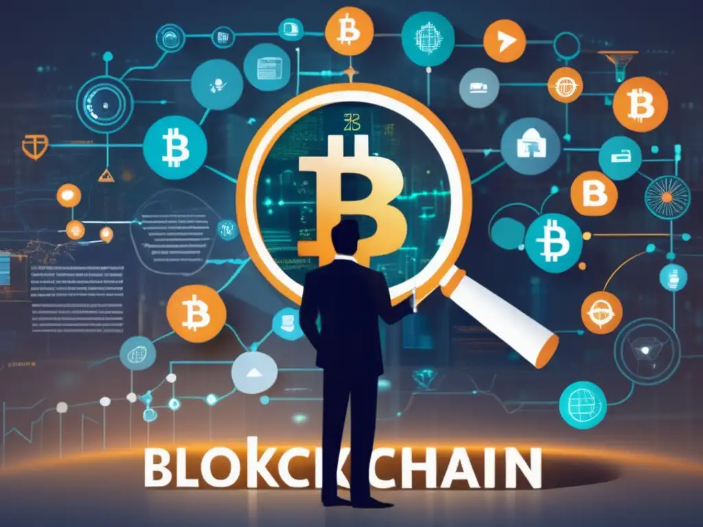 Persona analizando blockchain con lupa Persona con traje y lupa analizando blockchain - Errores comunes invertir Blockchain