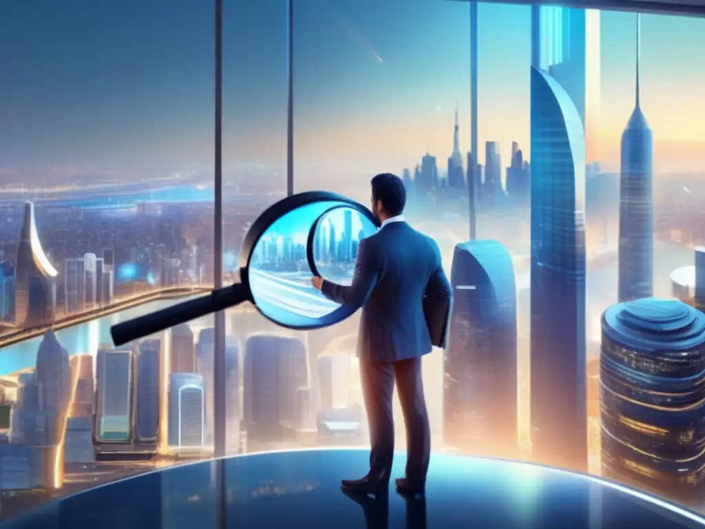 Futuro financiero con persona de negocios Persona en traje de negocios frente a una ciudad futurista, evitando errores comunes en roboadvisors