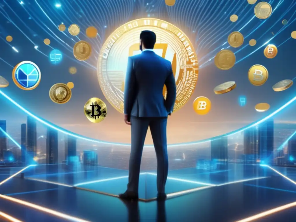 Persona en red virtual de criptomonedas Persona en traje, rodeada de criptomonedas, simbolizando beneficios de invertir en criptomonedas