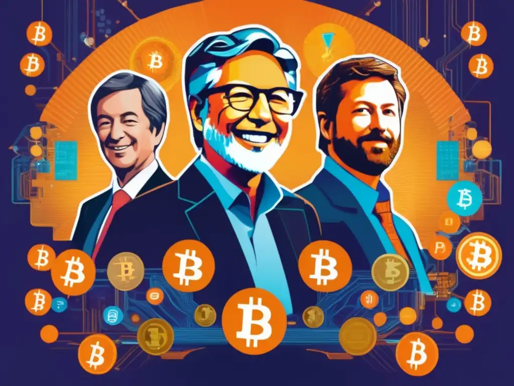 Pioneros criptomonedas: Satoshi, Hal, Nick Personajes clave criptomonedas: Satoshi, Hal, Nick en imagen futurista y vibrante