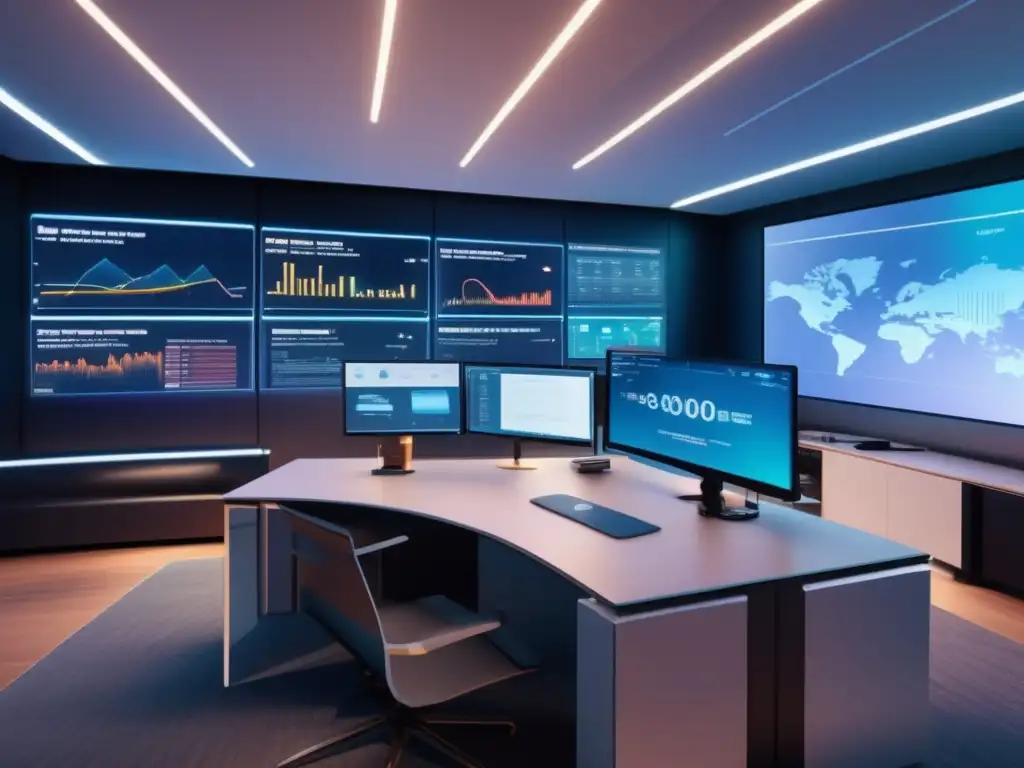 Oficina futurista con roboadvisor y gestor de inversiones Roboadvisors vs gestión personalizada de inversiones en una oficina moderna y tecnológica con gráficos financieros y un algoritmo holográfico
