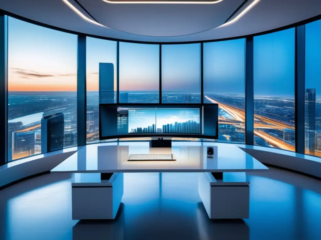Oficina futurista con bot de inversión Bot de inversión personalizado en una oficina futurista con vista panorámica de la ciudad