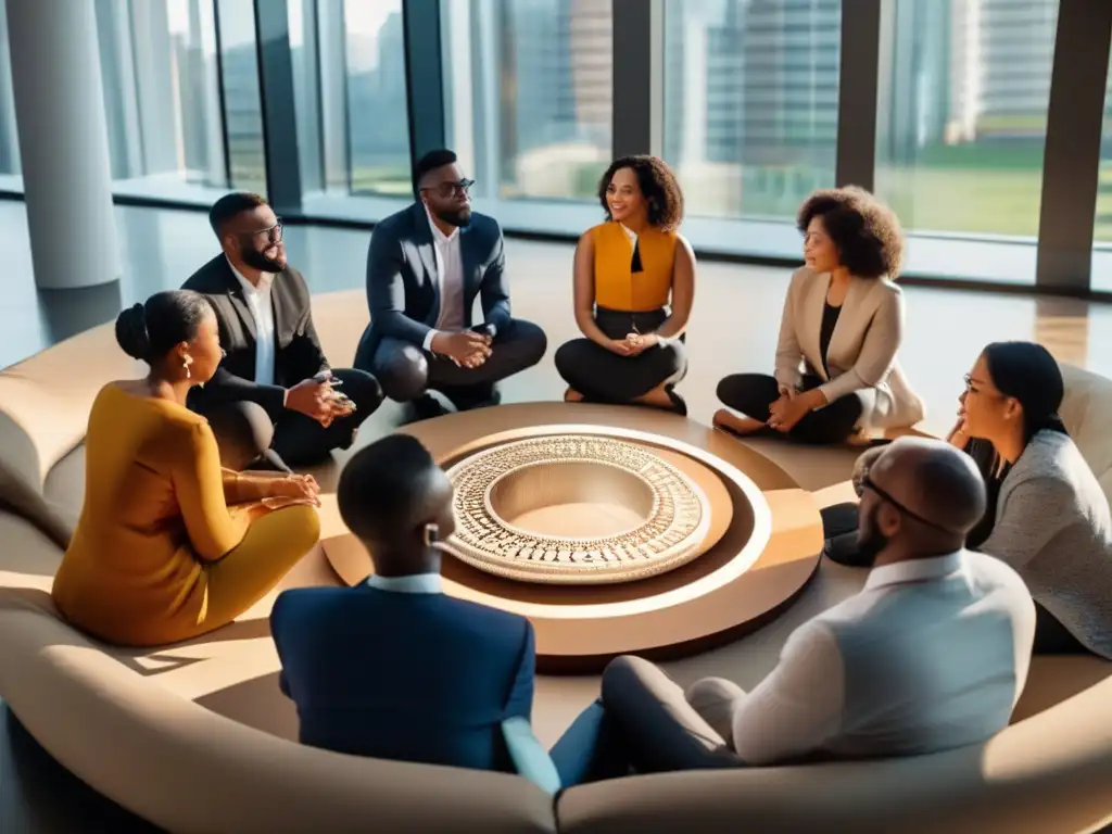 Diversidad y colaboración en educación financiera Personas diversas discutiendo y compartiendo conocimientos financieros en un centro comunitario moderno