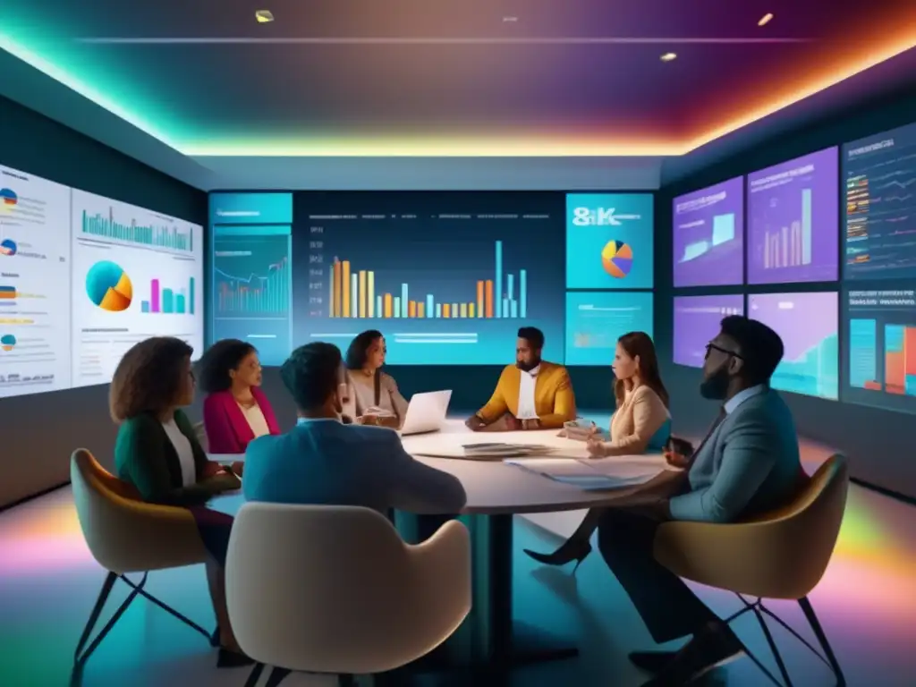 Personas diversas discutiendo en un entorno de información financiera Personas diversas en una sala luminosa, discutiendo información financiera y reduciendo el sesgo de confirmación en inversiones