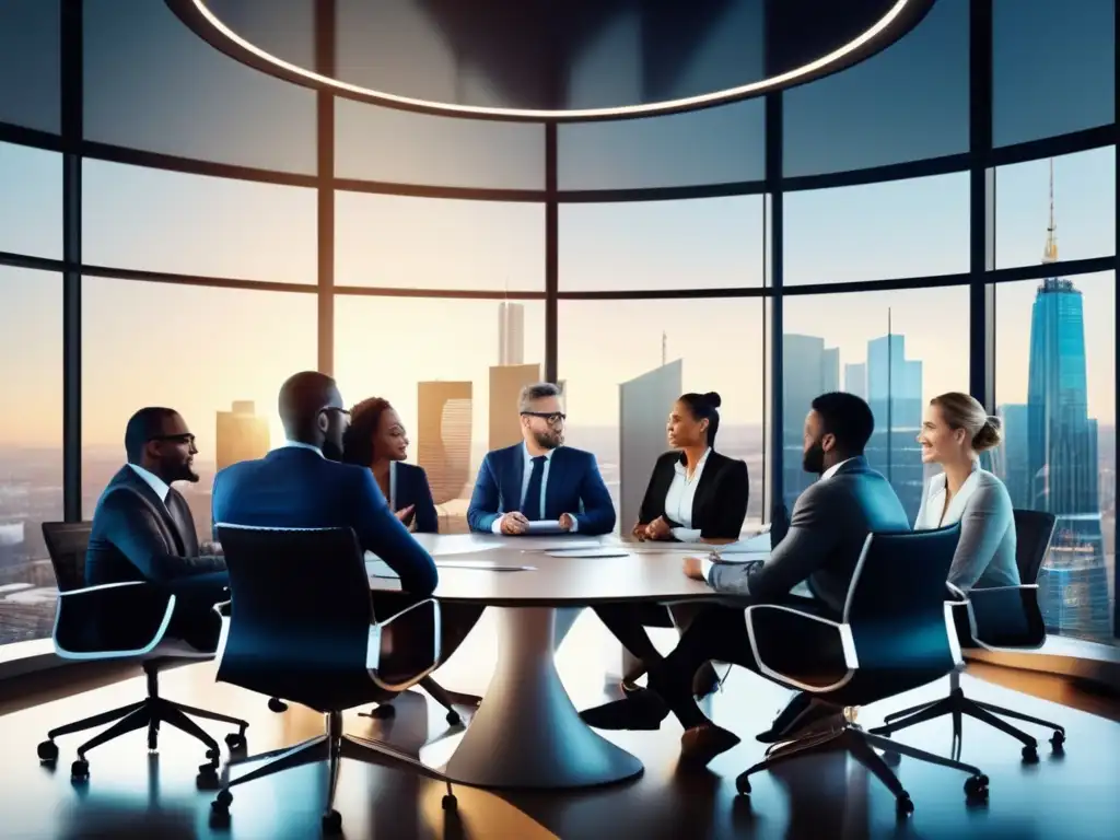 Diversidad e inversión en una mesa de conferencias moderna Personas diversificando inversiones, comparando opciones y negociando comisiones