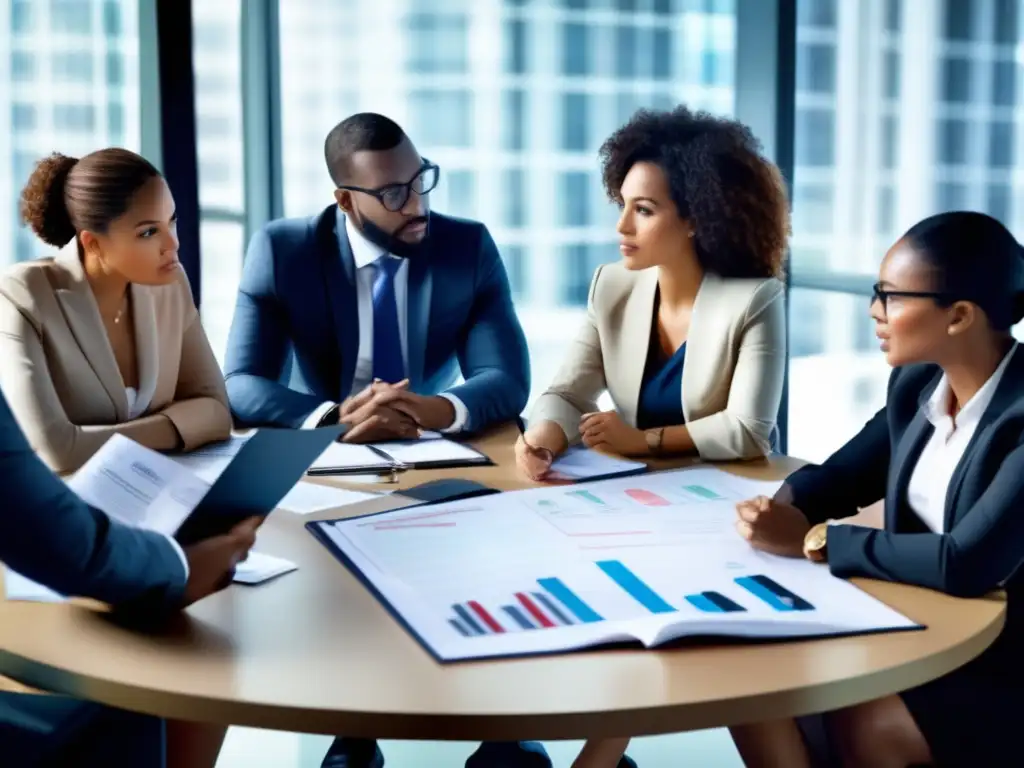 Reunión de inversiones: diversificación profesional Personas diversificando inversiones en reunión sobre Estrategias de diversificación financiera