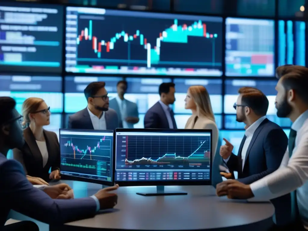 Gente en oficina: inversión y comportamiento de manada Personas en oficina con pantallas de datos y gráficos de bolsa