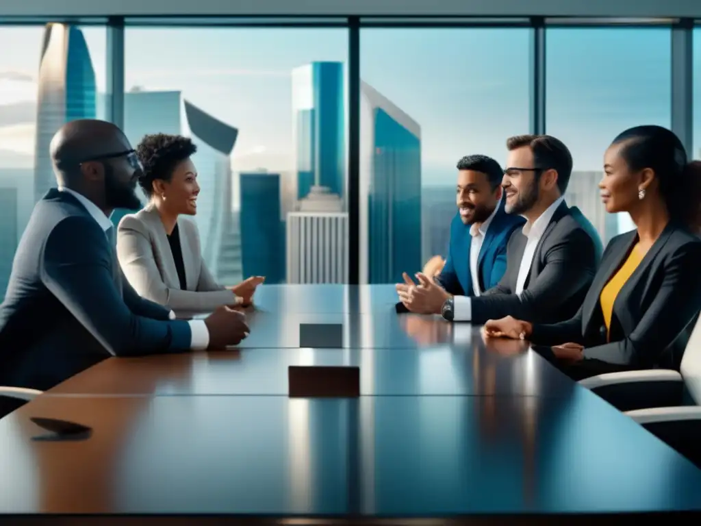 Discusión financiera en boardroom moderno Perspectivas diversas sobre decisiones financieras en una sala de juntas moderna con vista panorámica de la ciudad
