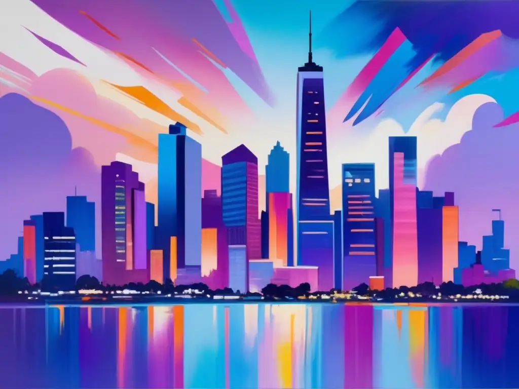 Pintura urbana vibrante y colorida Pintura moderna vibrante y colorida de una ciudad al atardecer, representando inversión en arte - Inversión Arte Objetos Valor
