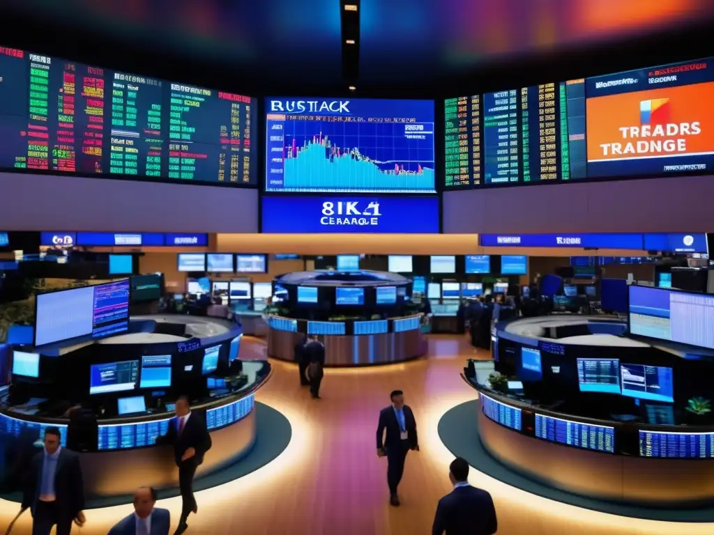 Piso de bolsa con traders y pantallas luminosas Piso de bolsa animado en 8k con traders, pantallas y luces LED, reflejando la esencia de la legislación financiera en Latinoamérica