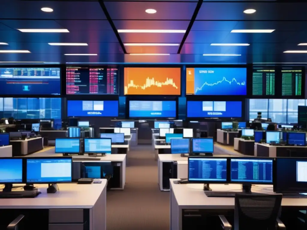 Piso de trading financiero moderno Piso financiero moderno y vibrante con comerciantes analizando datos y monitoreando pantallas - Riesgo de Crédito en Derivados Inversiones