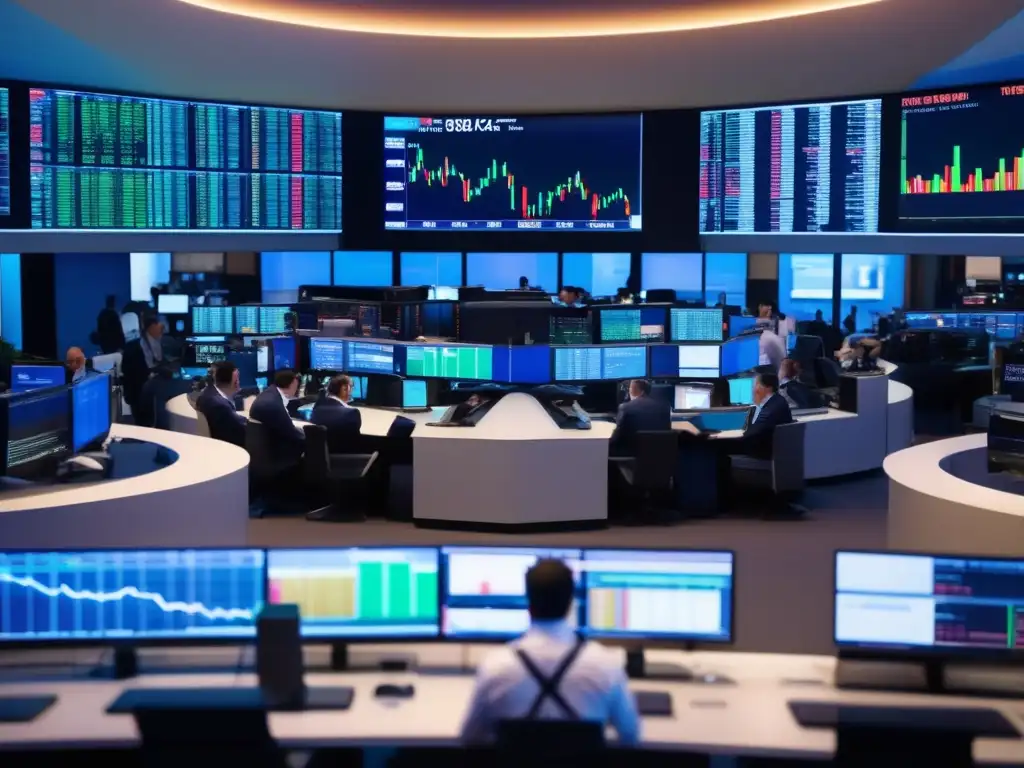 Traders en piso bursátil de alta actividad Piso de operaciones financiero con traders en trajes y pantallas mostrando datos en tiempo real