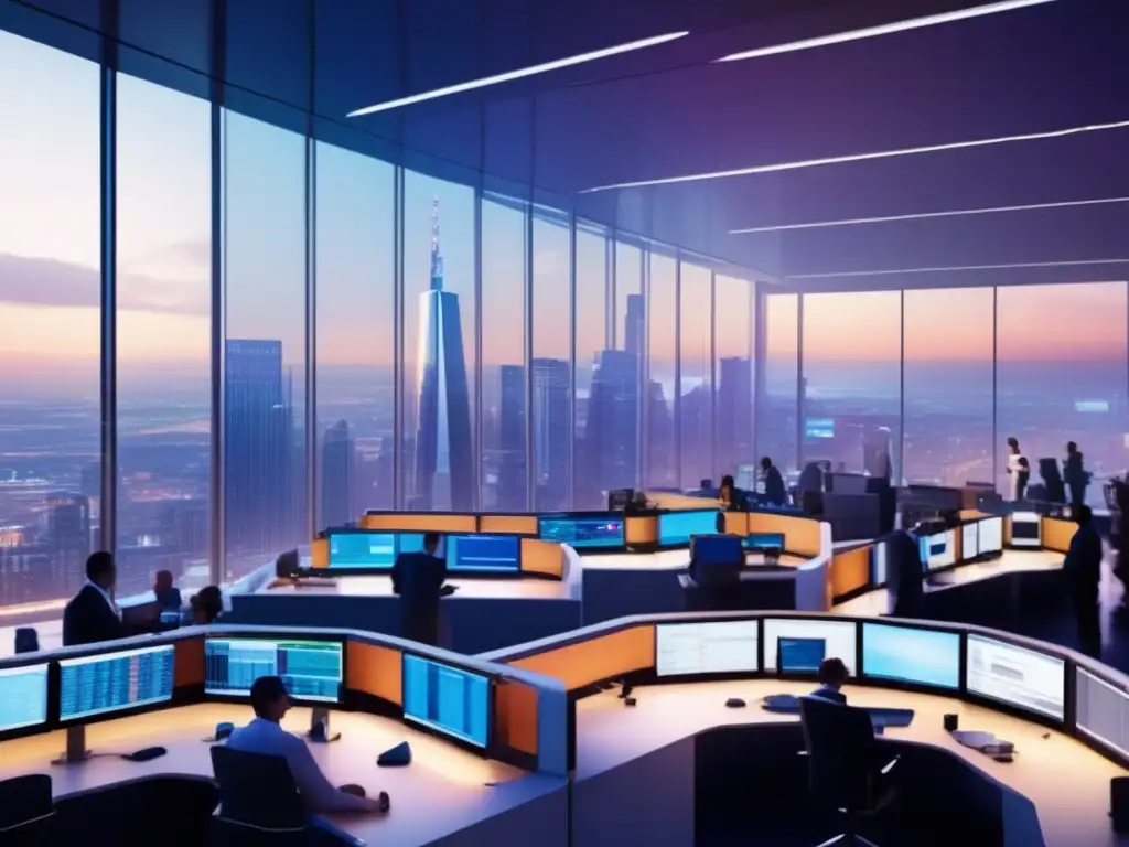 Traders en una moderna sala de operaciones de commodities Piso de trading de commodities: Traders en acción, vistas de la ciudad, datos en tiempo real
