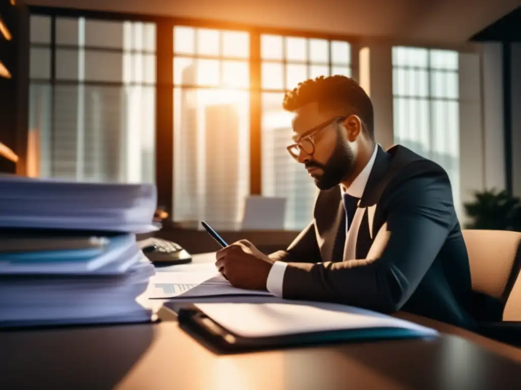 Experto financiero evalúa inversiones Planificador financiero en su escritorio, rodeado de documentos y gráficos