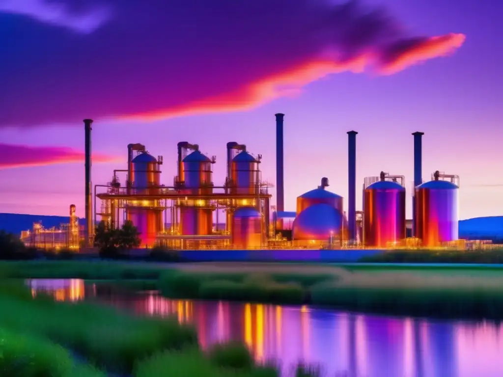Planta de gas moderna al atardecer Planta de gas moderna al atardecer: eficiencia y progreso en la producción de energía limpia