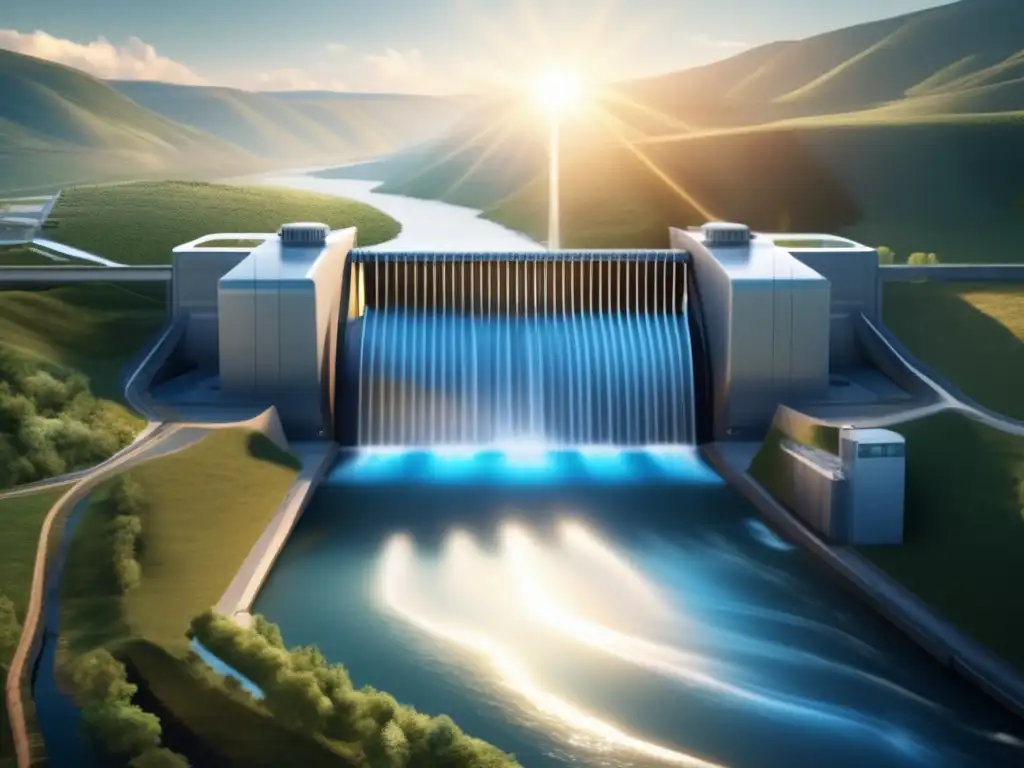 Planta hidroeléctrica futurista en paisaje natural - Planta hidroeléctrica futurista en paisaje natural: corriente subterránea de éxito financiero
