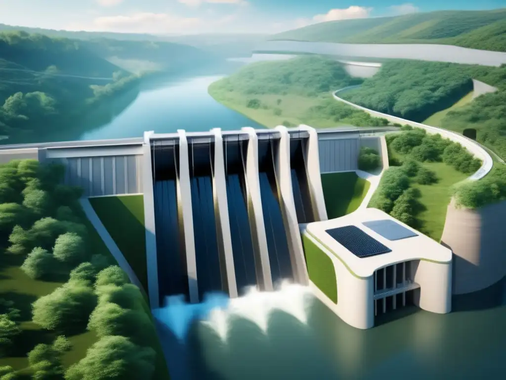 Central hidroeléctrica moderna en paisaje natural Planta hidroeléctrica moderna en paisaje pintoresco, con éxito financiero en corriente subterránea