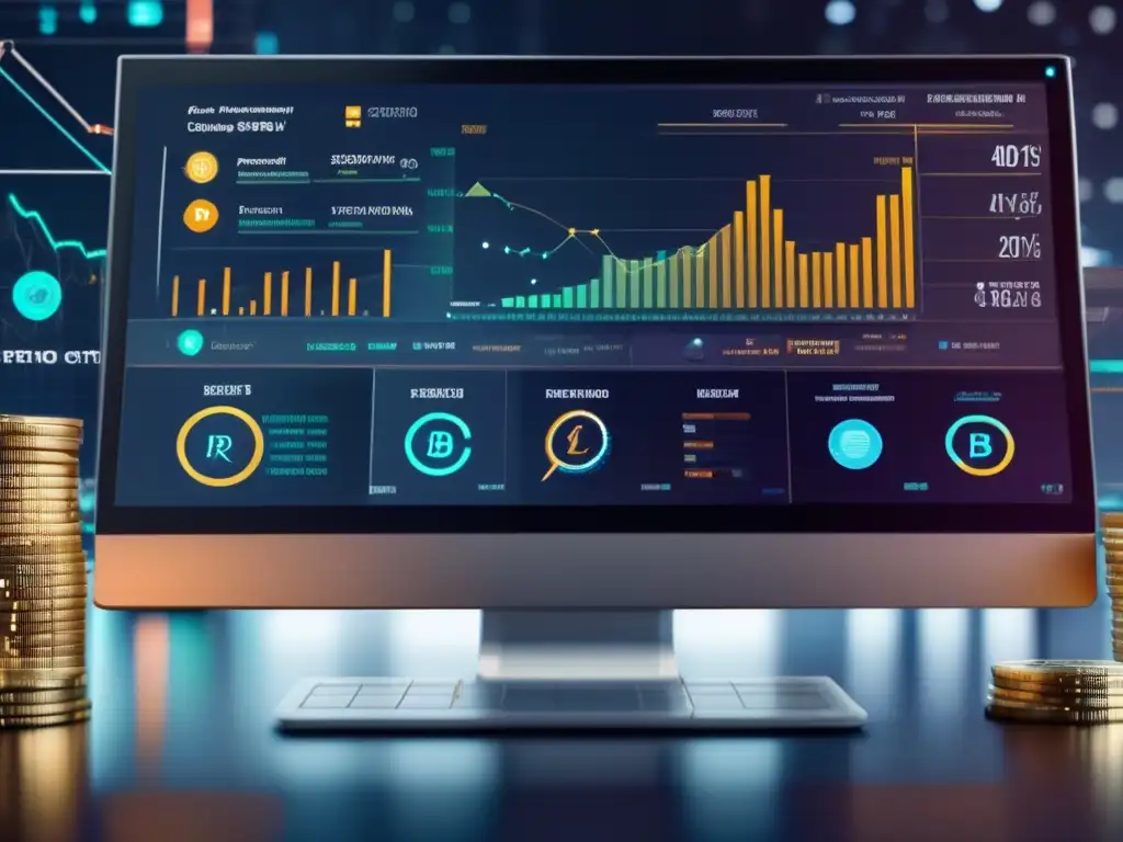 Plataforma financiera futurista segura y regulada Plataforma financiera futurista con datos y gráficos, integrando criptomonedas y cumpliendo leyes antilavado