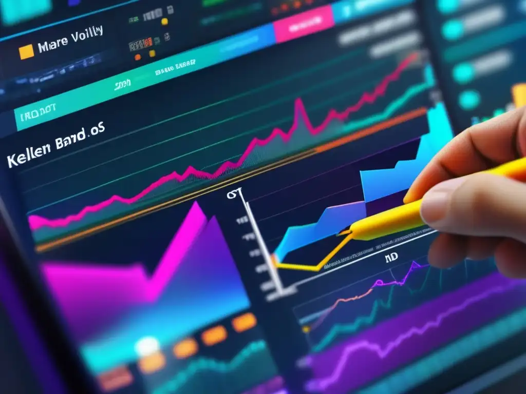 Plataforma de trading financiero moderna Plataforma financiera: gráfico con indicador Keltner, volatilidad mercado, análisis técnico, mano con stylus