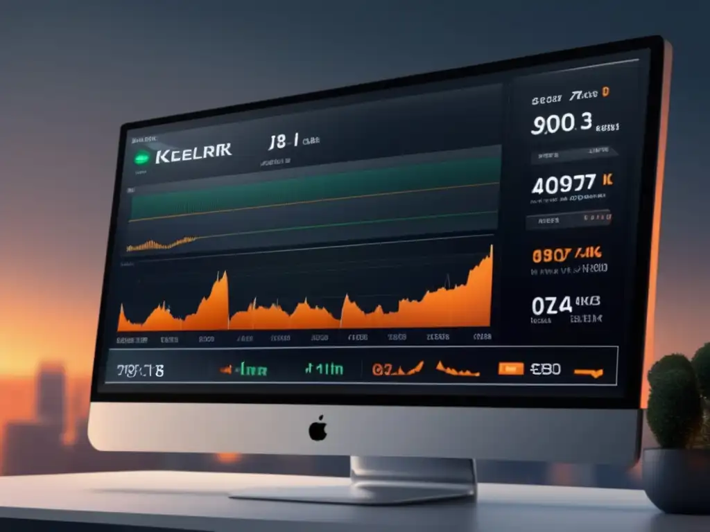 Plataforma financiera futurista con gráfico de precios en tiempo real Plataforma financiera: Identificar volatilidad mercado Keltner