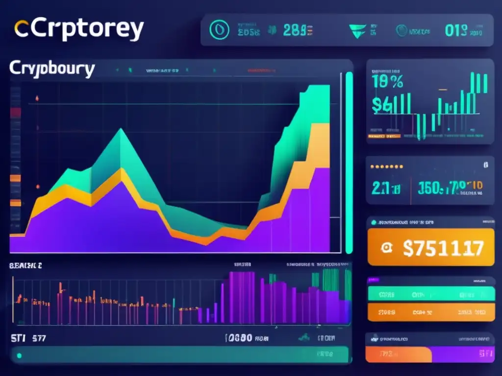 Plataforma de trading de criptomonedas avanzada Plataforma futurista de trading de criptomonedas con gráficos, indicadores y estrategias de análisis técnico
