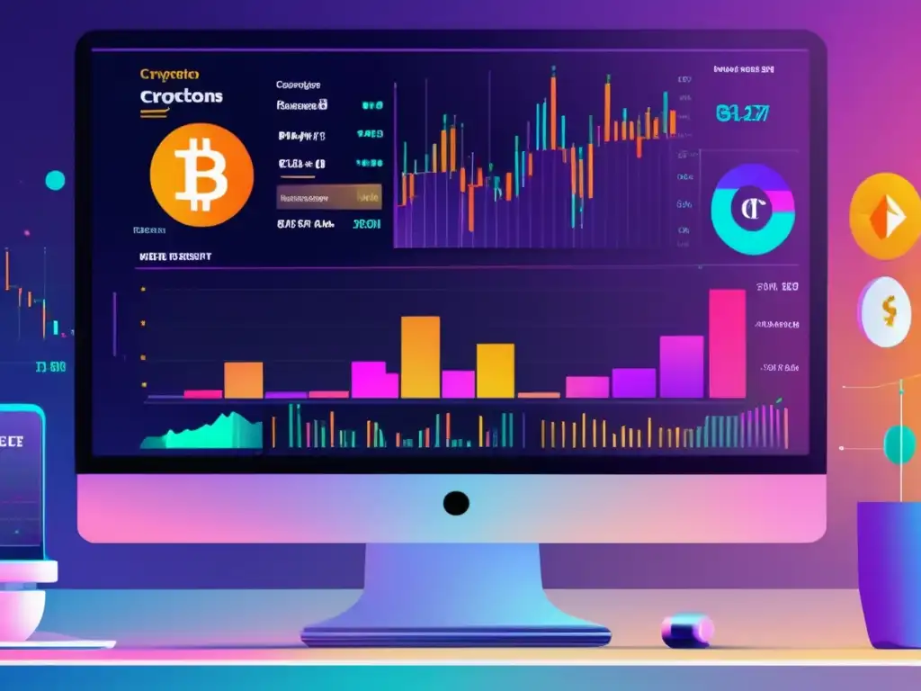 Plataforma criptográfica moderna con gráficos vibrantes Plataforma moderna de intercambio de criptomonedas con gráficos vibrantes y profesionales