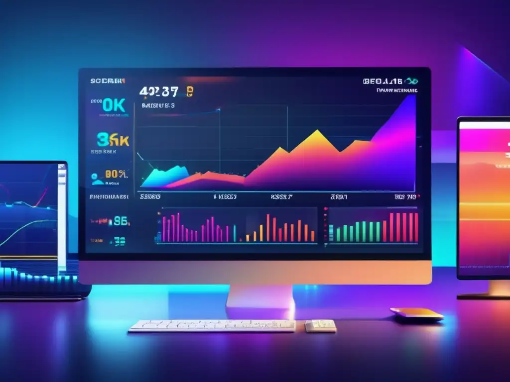 Plataforma de trading futurista en pantalla 8K Plataforma trading futuros con herramientas avanzadas, gráficos coloridos y diseño minimalista