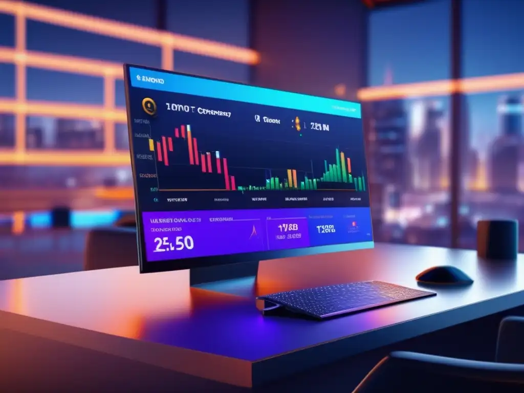 Plataforma de trading futurista Plataforma de trading social en criptomonedas con diseño moderno y vibrante, detalles en 8K y usuarios interactuando