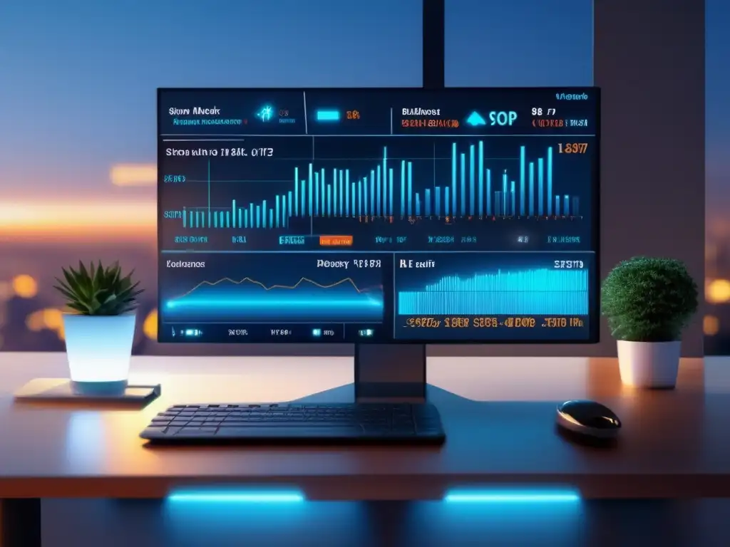 Plataforma de trading moderna y sofisticada Plataforma de trading 8k ultradetallada, con herramientas avanzadas y gráficos, destacando la importancia de stop loss y take profit en inversiones
