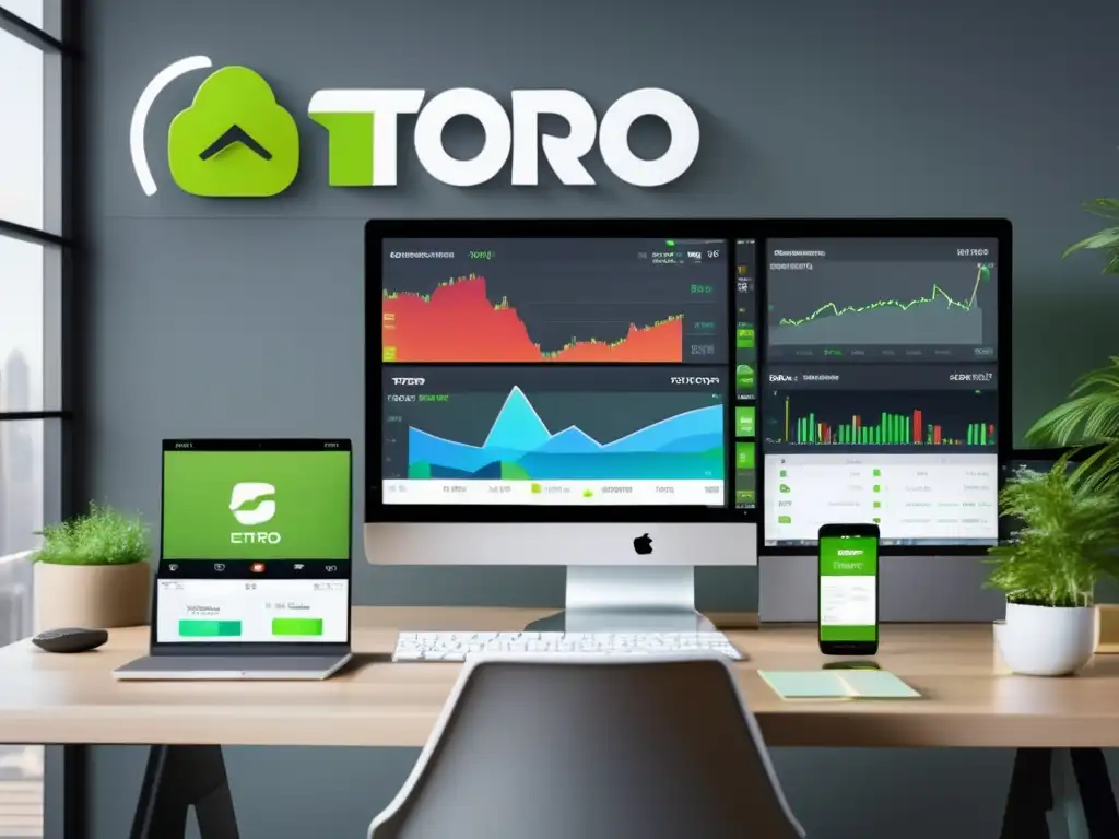 Plataforma de trading moderna con eToro Plataforma de inversión social eToro: interfaz 8K ultradetallada con gráficos, datos en tiempo real y activos disponibles