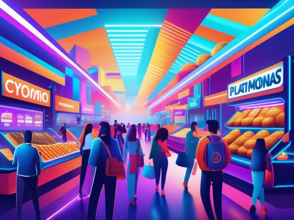 Plataforma cripto: Futurista mercado NFT Plataformas criptomonedas mercado NFT, imagen 8k ultradetallada: vibrante y futurista mercado digital con gráficos y tecnología avanzada