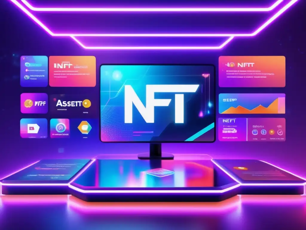 Futuro mercado digital de NFTs Plataformas criptomonedas mercado NFT, escena futurista de un mercado digital con NFTs y criptomonedas