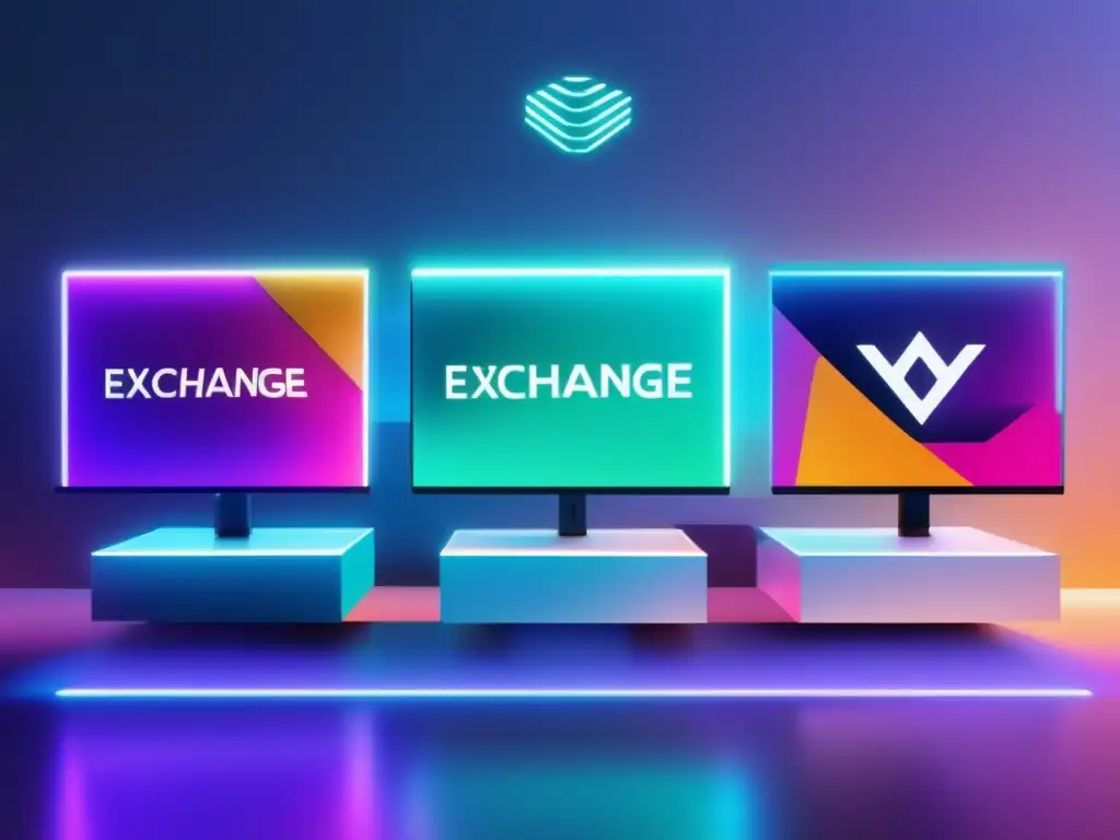 Plataformas futuristas de intercambio Tres plataformas de intercambio futuristas en una imagen 8K, mostrando los exchanges mencionados en el artículo