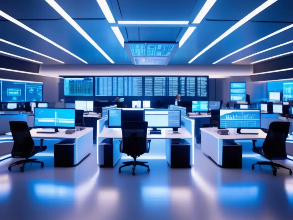 Trading floor futurista: lujo y tecnología Plataformas de inversión 2023: Futuro trading floor con traders analizando datos en una sala moderna y luminosa