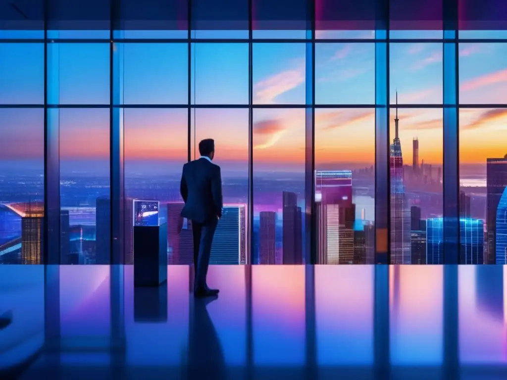 Inversión moderna en la ciudad atardecer Plataformas de inversión tradicionales análisis: Edificio futurista en contexto moderno