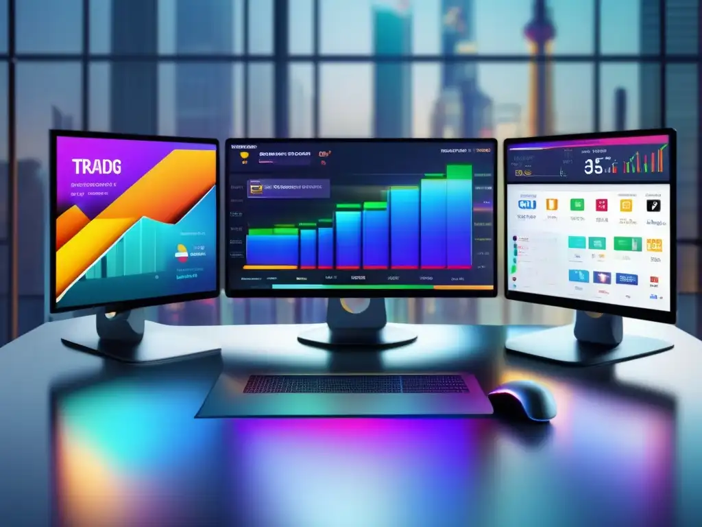 Tres plataformas de trading de última generación Plataformas de trading algorítmico: imagen detallada de 3 plataformas vanguardistas, con diseño intuitivo y herramientas avanzadas