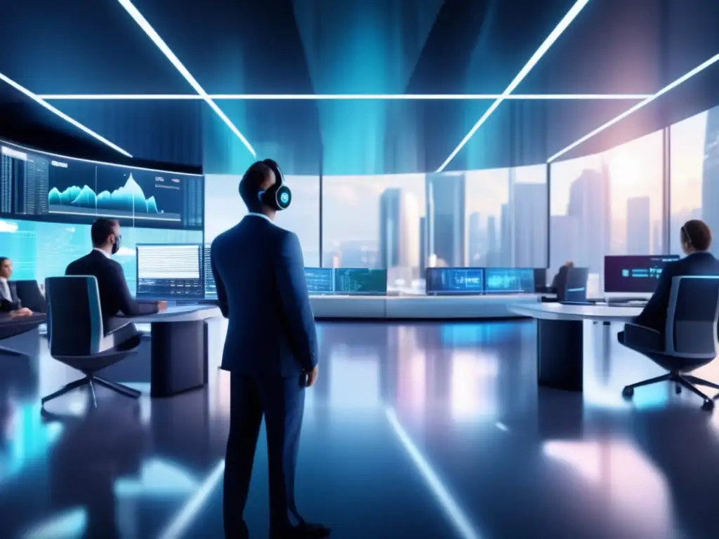 Futuro trading floor con tecnología avanzada Plataformas de trading algorítmico en un moderno piso de operaciones con diseño futurista y tecnología avanzada
