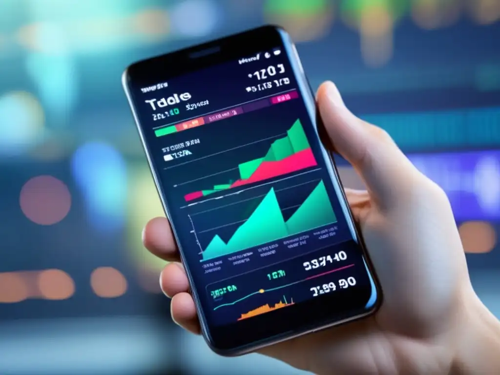 Interfaz de trading en smartphone, con gráficos y datos en tiempo real Plataformas de trading social: Gráficos, datos en tiempo real y estrategias exitosas en una interfaz intuitiva y atractiva